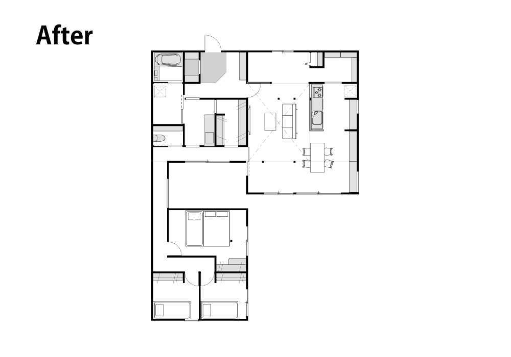 光と回遊動線で家族がつながるコの字型平屋リノベーション|群馬県安中市